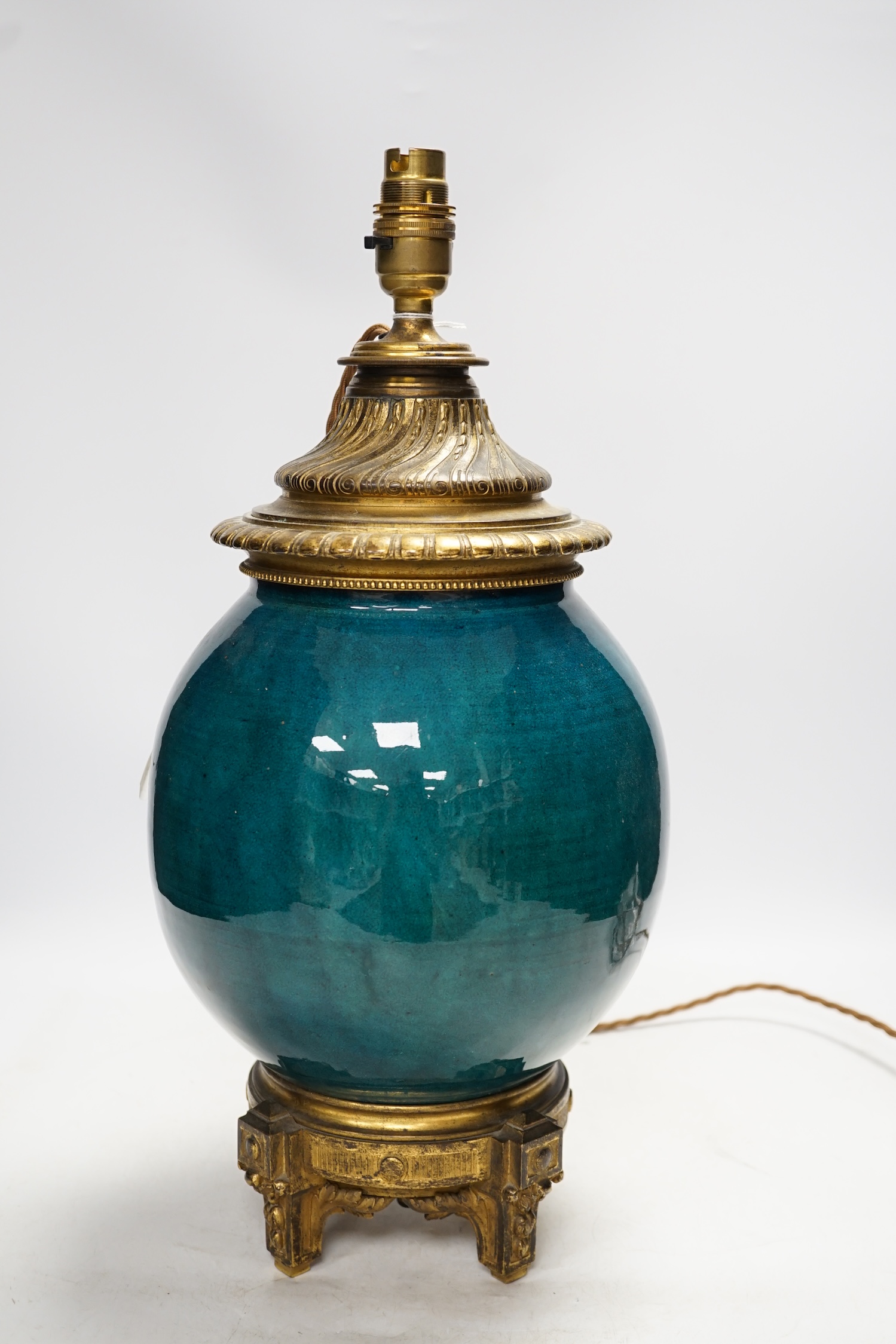 A Japanese turquoise pottery and ormolu vase converted to a table lamp, 38cm high. Condition - good